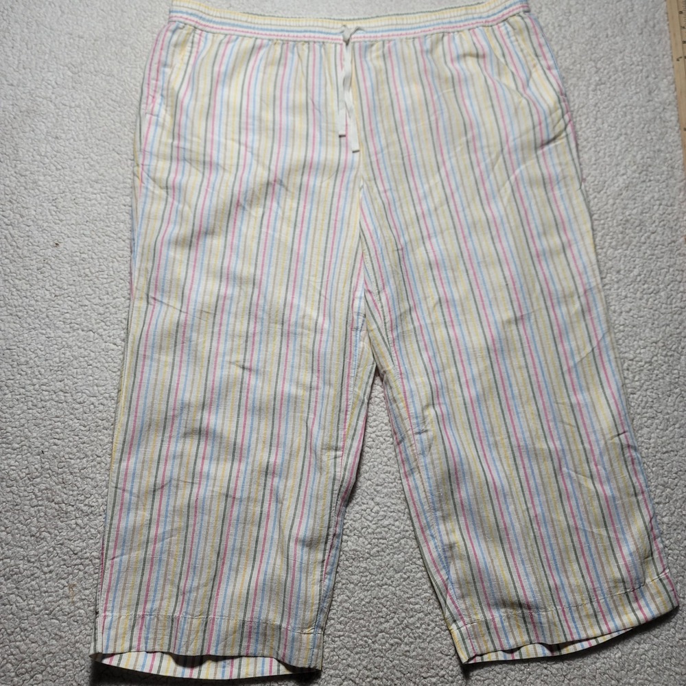 Multi Color Striped Linen Blend Cropped Pants Drawstring Elastic Waist Women 2X